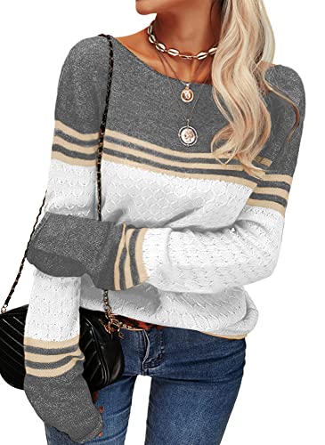 Image of Danedvi Womens Fall Fashion 2026 Sweaters Colorblock Lightweight Striped Crewneck Winter Trendy Pullover Tops
