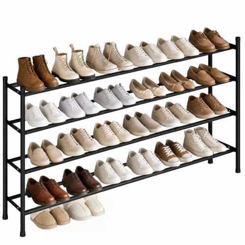 STORAGE MANIAC Long Expandable Shoe Rack, 24 Pairs Metal Wide Stackable Shoe Rack, Adjustable Shoes Shelf, Freestanding Shoes Organizer for Closet, Entryway, Hallway, Garage, Front Door, 4 Tiers