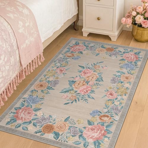 Tapete decorativo floral beige lavable 3x5 pies miniatura 6