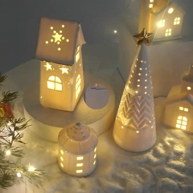 3 PCS Maison Porcelaine Noël LED Photophore Céramique Blanche - Décoration Village Hiver