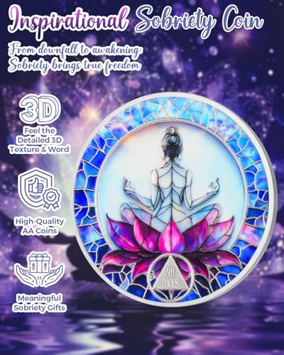 Image of CHURYUML 90 Day Sobriety Coin - Lotus Meditation 3 Month Sober Chip, Non-Religious AA Coins Recovery Medallions Alcoholics Anonymous Token Three Month Sobriety Gifts for Women Celebrating Milestones