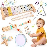 iKidiki Toddler Musical Instruments, Toddler Toys for 1 2 3 Year Old Kids Sensory Toys Wooden Percussion Musical Instruments Toys with Tambourine Xylophone Gifts for 1 2 3 Year Old Boys Girls