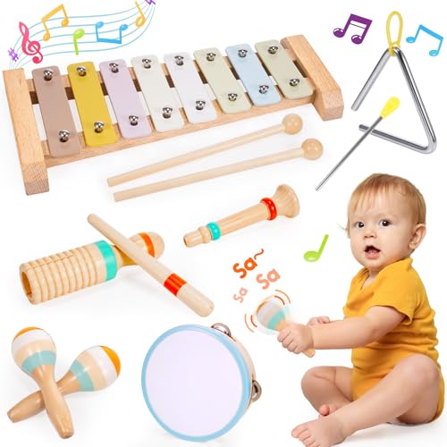 iKidiki Toddler Musical Instruments, Toddler Toys for 1 2 3 Year Old Kids Sensory Toys Wooden Percussion Musical Instruments Toys with Tambourine Xylophone Gifts for 1 2 3 Year Old Boys Girls
