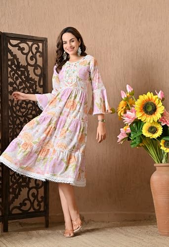 Image of LIBOZA 100% Cotton Floral Print Tiered Midi Dress, Bell Sleeves, Lace Trim Detail, White and Multicolour for Women, Office, Party, All Occassions