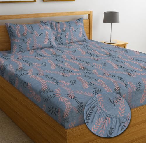 Image of Premium Cotton Fitted Bedsheet King Size Bed with 2 Pillow Covers | All Around Elastic | 220 TC | Wrinkle Free & Breathable | Deep Pocket Fits Mattress Upto 10 Inches | Bed Cover- Grey Peach