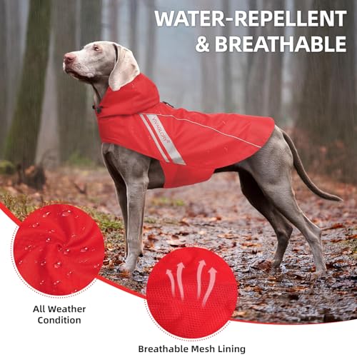 VIVAGLORY Wetoff Hunderegenmantel, Regenmantel Hund für Winter, Hunderegenjacke, Wasserdicht & Reflektierend Gefütterter Regenschutz, L, Rot
