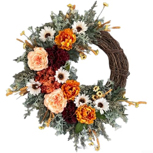 Door Wreath Artificial Wildflower Garland Front Door Wreath with Sunflowers Peonies and Pumpkins Multi-Purpose Artificial Wreath UV-Resistant Faux Floral Wreath (30 Cm)