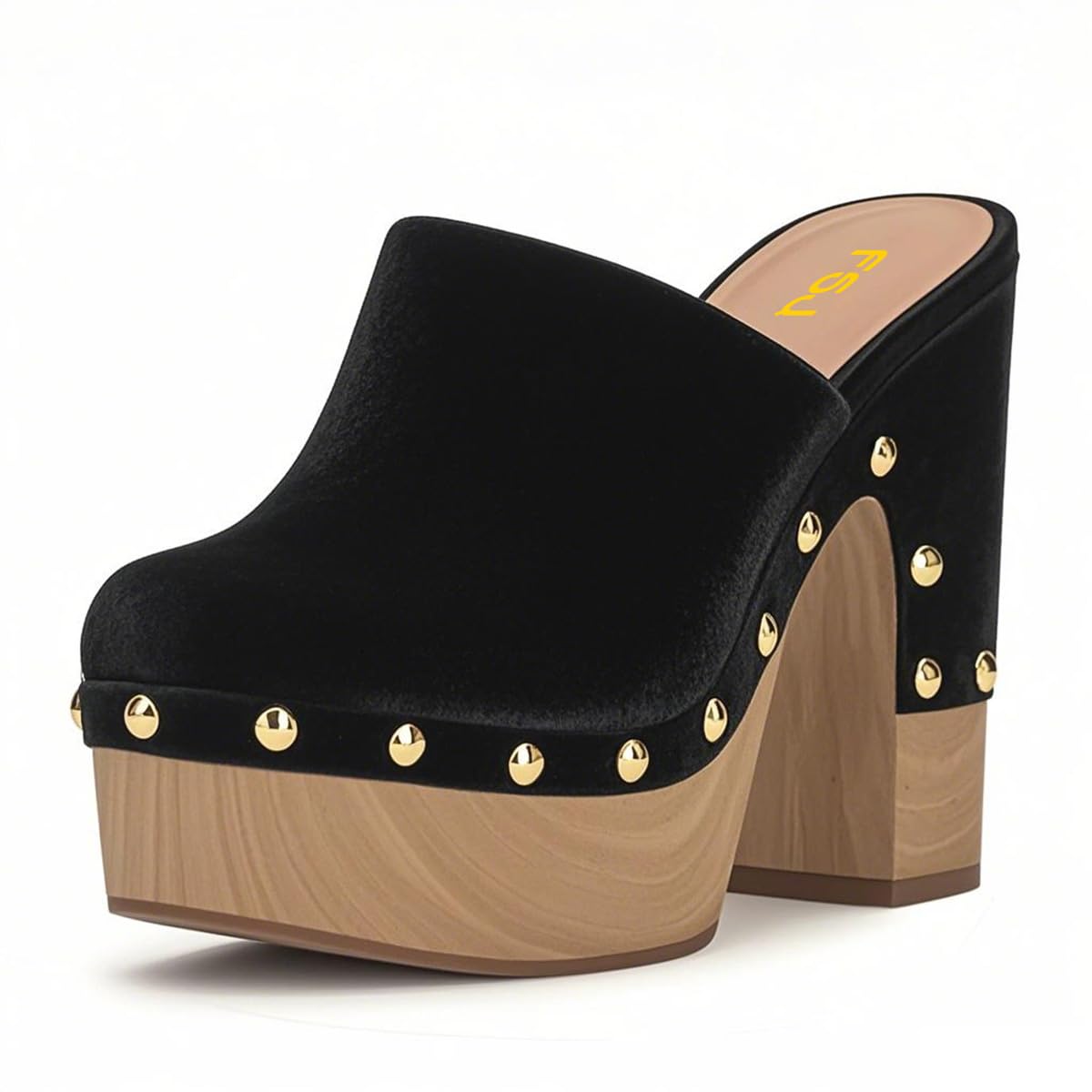 FSJ Women Closed Round Toe Mules High Chunky Heeled Sandals Slip On Platform Wooden Clogs Studs Comfy Outfit Shoes Size 4-16 US
