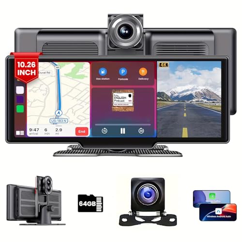 Carplay Screen for Car,10.26" HD IPS Wireless Portable Car Stereo for Apple Carplay&Android Auto,Audio Receivers with 4K Dash Cam/1080P Rear Camera,GPS Navigation,Mirror Link,FM,Voice Control -  MIMQO