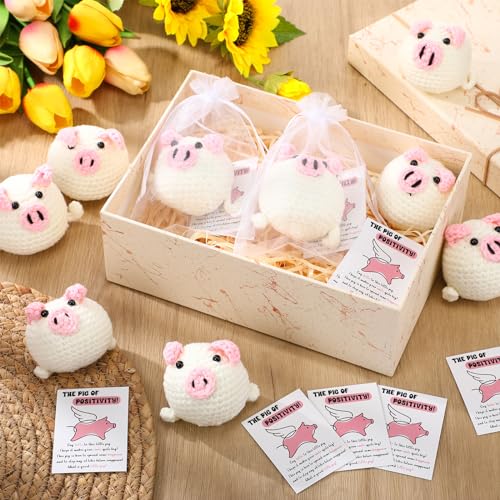 Image of HyDren 12 Sets Emotional Crochet Animal Encouraging Handmade Crochet Gifts Collectible with Positive Card Organza Bag for Valentine Employee Coworker Volunteer (Pig)
