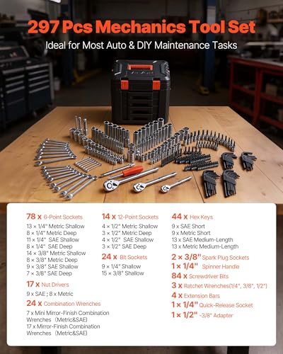Image of VEVOR Mechanics Tool Set, 297-Piece Mechanic Tool Kit, 1 /4 in, 3 /8 in, and 1 /2 in Drive, SAE and Metric Socket Set, Wrenches, Screwdriver Bits, Accessories, and Storage Case, for Automotive Repair