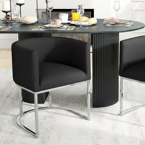 Image of HNY Mid Century Modern Upholstered Barrel Dining Chair with Arms, Velvet Kitchen & Dining Room Chair, 18.5 inch Wide Accent Chair for Dining Room Living Room with Chrome Metal Frame, Black