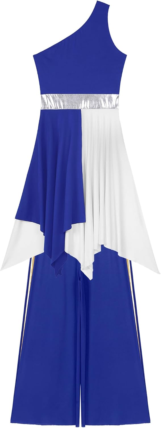 XUNZOO Praise Dance Dress for Women One Shoulder Sleeveless Liturgical Overlay Dress with Wide-Leg Pants