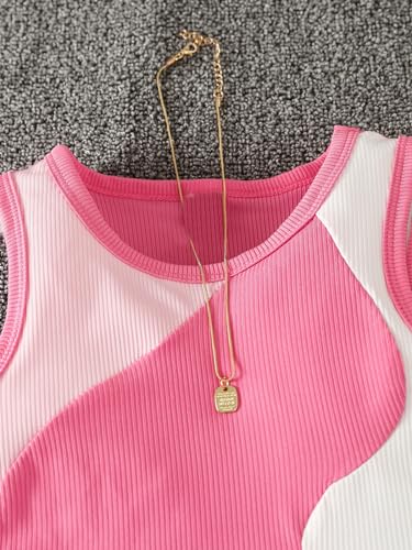 OYOANGLE Girl's Ribbed Knit Crop Tank Top Color Block Crew Neck Sleeveless Tops3