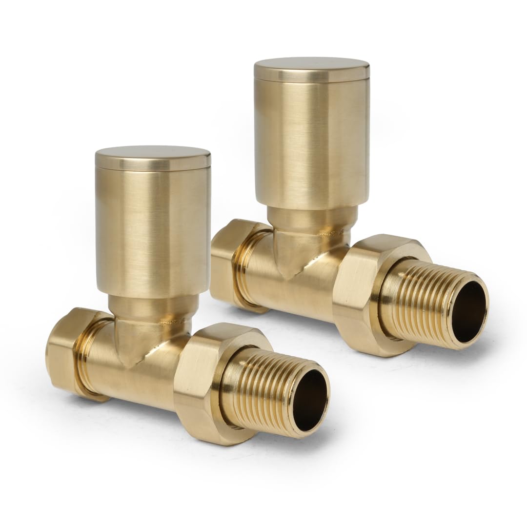 Gold Straight Radiator Valves Round Modern Radiator Valves Pair of 15mm x 1/2" (Set of 2) for Heated Towel Rails & Central Heating Radiators Gold Radiator Valve Set โ image 1