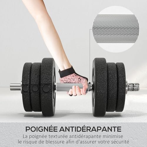 HOMCOM Ensemble d'haltères courtes total 25 kg - dumbbell paires - poids réglable - 12 plaques - barres incluses - entraînement musculaire & haltérophilie - acier polyuréthane noir – Image 5