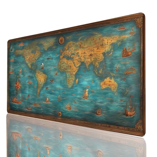 Tapis de Souris XXL 140x60x0.3cm, Grand Tapis Bureau Bleu, Bords Cousus Antidérapant et Imperméable, Carte du Monde Mouse Pad Compatible Clavier sans Fil et Souris sans Fil, Gaming Accessoire 232-GYL