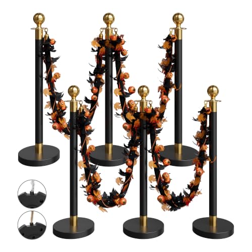 Image of 6 Pack Halloween Black&Gold Stanchions and Velvet Ropes Set, Stainless Steel Crowd Control Barriers, 4Pcs Black Ropes and Poles for Party Supplies,Photobooth Accessories, Prom, Halloween Decorations