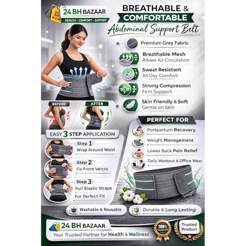 Image of Abdominal & Back Support for Men & Women | Postpartum After Delivery & C-Section | Back Pain Relief with Lumbar Support, Waist & Tummy Compression | Adjustable Double Strap (Belt Length 41 inch, suitable for size - M , Grey)