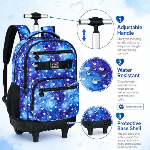 Image of 3Pcs Rolling Backpack for Girls Women, Travel Roller Backpacks with Wheels for Adults, Teens College Love Polka Dots Wheeled Bookbag with Lunch Box(Blue)