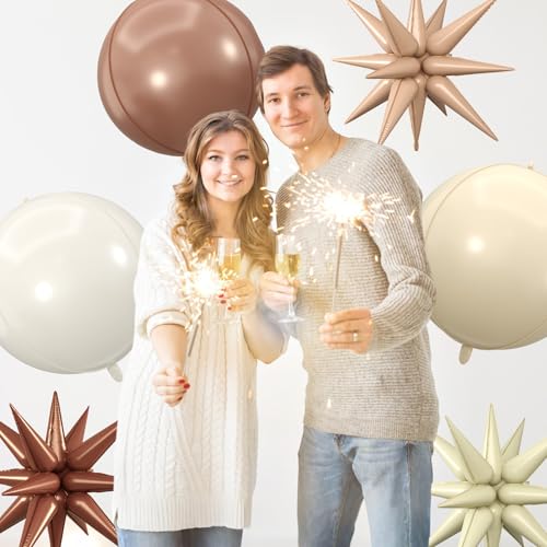 Image of 6pcs 22 inch White Brown Star Balloons and 4D Large Foil Balloons, Cream white Star Balloon Nude 4D Foil Aluminum Balloon For Birthday Baby Shower Party Boho Wedding Anniversary Engagement Decoration