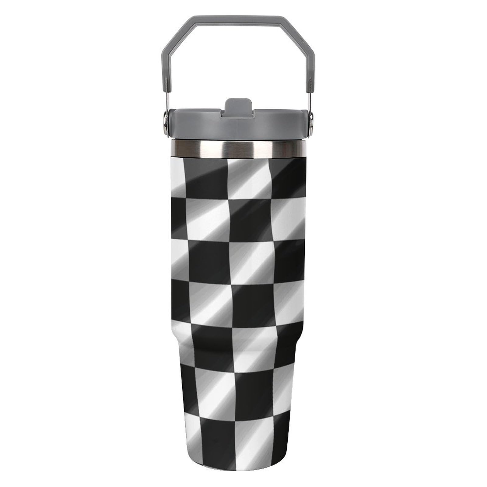 LYHVSFJW 30oz Insulated Stainless Steel Water Bottle With Straw, Black White Race Checkered Flag Vacuum Travel Cup Leakproof Double-wall Straw Cup,