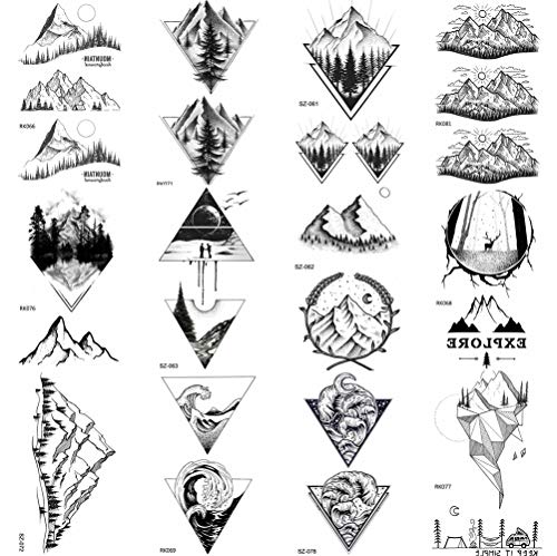 COKTAK 12Pieces/Lot Black Mountain Temporary Tattoos For Men Boys Women Triangle Marine Sea Wave Body Art Arm Legs Water Transfer Fake Tattoo Forest Sticker Children Tatoos Adult