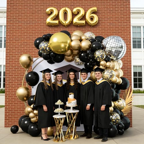 Image of Black and Gold Balloons Garland Arch Kit, 18 12 10 5 Inch Black Metallic Gold Balloon Arch Kit, Champagne Gold with 4D Disco Balloon for Graduation Birthday Retirement New Year Father's Day
