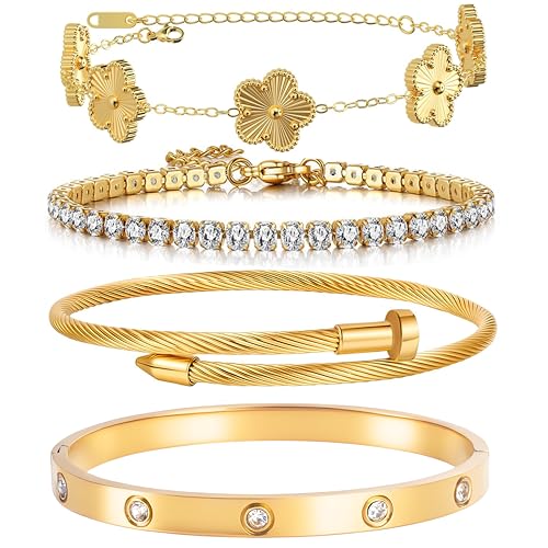 18K Gold Plated Womens Stackable Floral Gold Clover Bracelets Set...