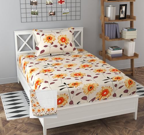 Image of 300 TC Glace-Cotton All Around Elastic Fitted Bedsheet, Elastic Fitted Bedsheet Single Size Bedsheet for Single Bed with 1 Pillow Cover, Size - 72 x 36 x 8 Inch Color