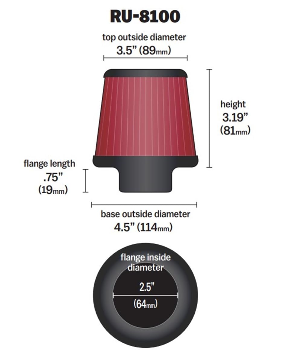 K&N Filtro Aria Universale Conico 64mm flangia, 114mm base, 89mm top, 81mm altezza - (RU-8100)
