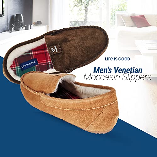Life Is Good Men's Venetian Moccasin Slippers, 302795M - Suede & Faux Fur Close Back Indoor/Outdoor Slip-Ons - Premium Comfort & Durable Loafers With Plaid Lining & Eva Outsoles (Tan/Holiday Plaid - Size 8) #TOP2