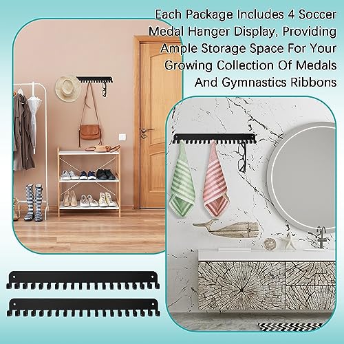 Image of Geetery 4 Pack Medal Hanger Display with 20 Hooks Each, Sturdy Steel Wall Mount Medal Holder Rack Holds 60+ Awards for Gymnastics Marathon Sport Runner Soccer Wrestle Swim, Easy to Install