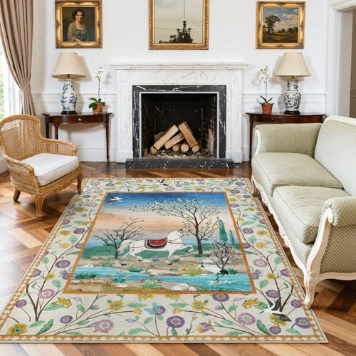 LIVEBOX Washable Rug for Living Room, 5x7 Horse Forest Floral Area Rug for Bedroom, Soft Non-Slip Woodland Beige Rugs for Dining Room Playroom Nursery Home Decor (Beige,5x7)