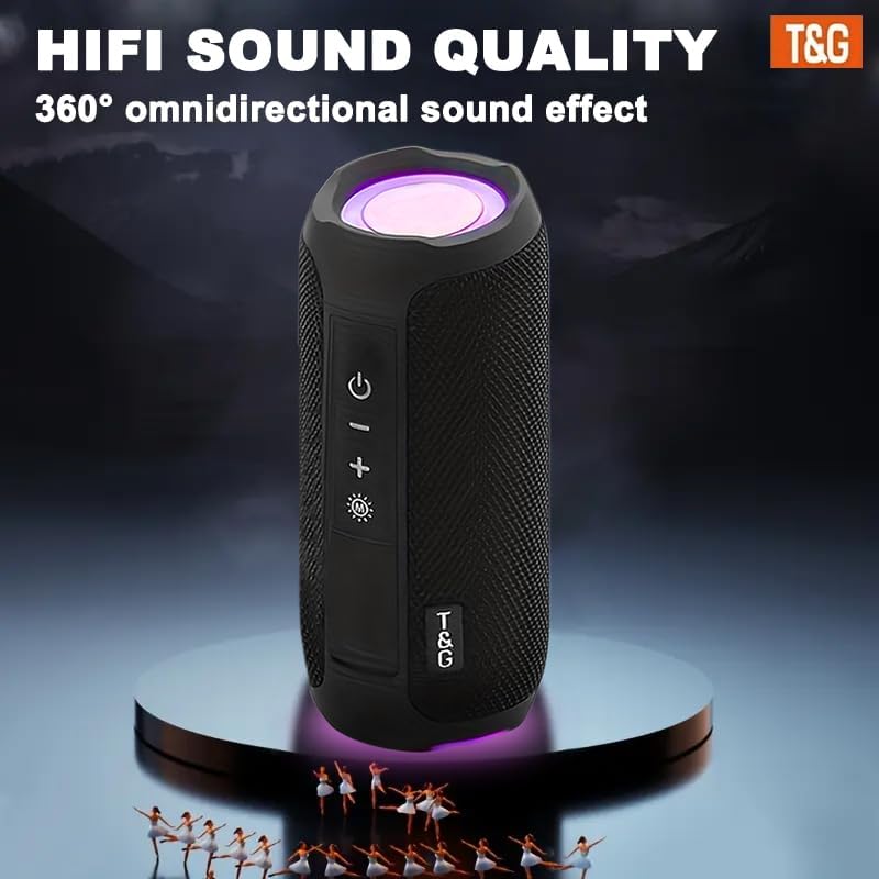 A T&G TG227 portable Bluetooth speaker on a reflective surface, surrounded by small dancer figurines, symbolizing high-fidelity sound and 360-degree audio.