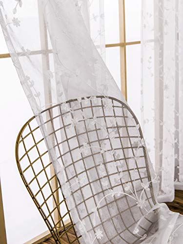 Amhoo 2 Panels Leaf Flora Embroidered Farmhouse Semi Sheer Curtain Voile Curtains For Living Room Bedroom Window Treatment White 53 X 63 Inch #TOP19