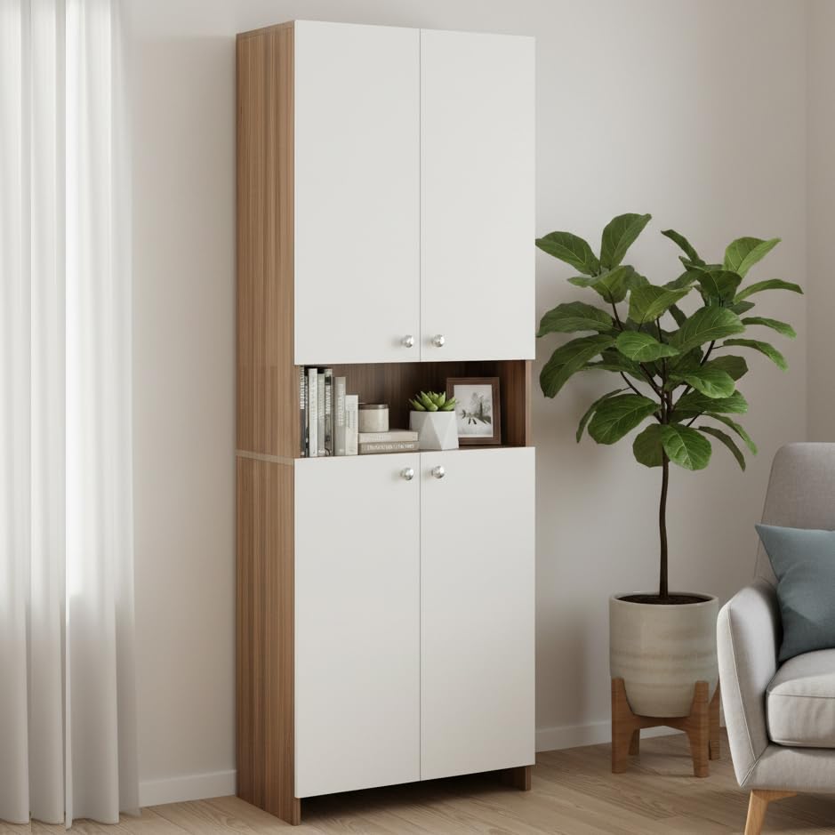 FURNEASER Vault Tall Wooden Bookshelf with 2-Door Cabinet & 3 Ope...