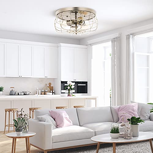 Vonluce 15 Inch Metal Cage Brushed Nickel Flush Mount Ceiling Light Fixture With 3 Lights, Industrial Vintage Ceiling Fixtures For Master Bedroom, Living Room, Farmhouse Lighting, Etl. #TOP2