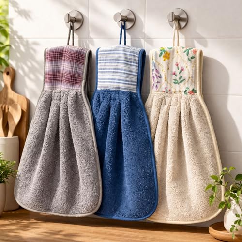 Image of Hand Towel with Loop | 600 GSM | Hanging Napkin for Wash Basin, Kitchen Sink, Bathroom| Pack of 3 in (Grey, Blue and Cream) | Assorted