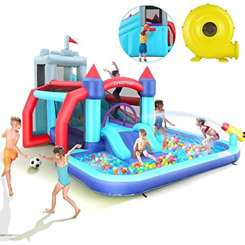 WOOKRAYS Inflatable Bounce House, Bouncy Castle for Kids, Water Slide with Slide, Basketball Hoop/Soccer Frame, Jumping Bouncer with Water Cannon/Air Blower, Backyard Indoor/Outdoor Bouncy House Cover