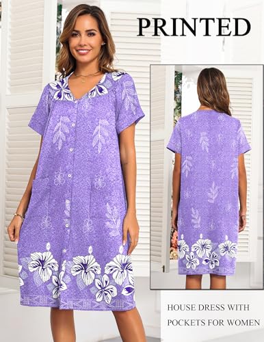 Image of Ekouaer House Dresses for Women with Pockets Button Down Nightgowns Plus Size Moo Moos Mumu Dresses Floral Print S-3XL