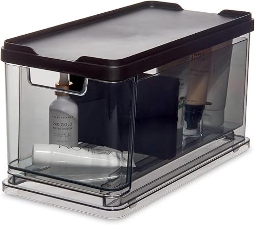 iDesign The Sarah Tanno Collection - Organizador de cajones de cosméticos apilable mediano con tapa y divisor, ahumadonegro