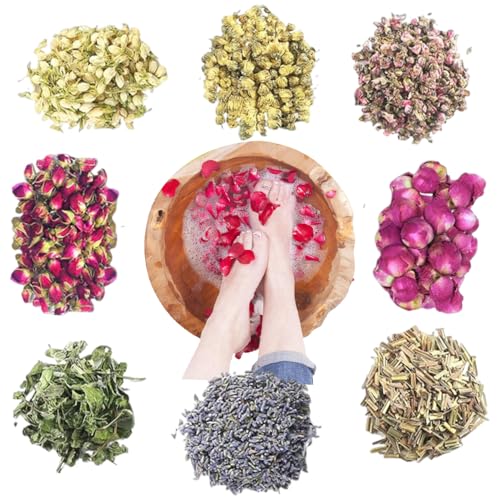 Ouliget Dried Flowers Pedicure Foot Soak Kit,8 Bags Set for Dry Tired Feet,Including Rose Buds,Lavender,Jasmine,Chrysanthemum,Lemongrass,Mint, Peony,Peach Blossom (8 Bags, Dried Flowers)