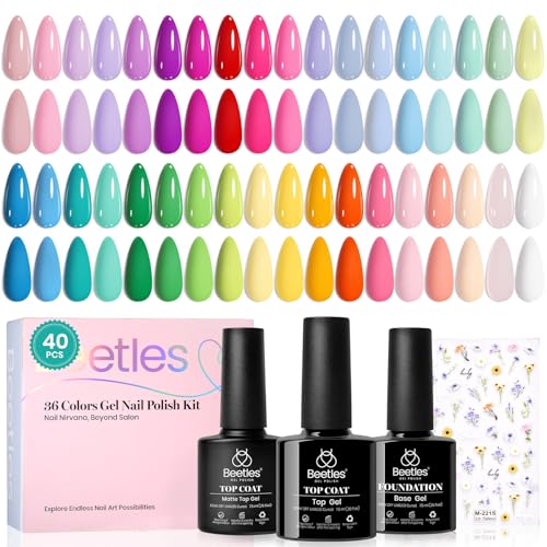 Beetles Summer Gel Polish Set - Petal Symphony Collection 40 Pcs 36 Colors Pastel Gel Polish Set Summer Bright Colors Pink Red Green Blue Color Gel with Base&Glossy Matte Top Coat UV LED Nail Art