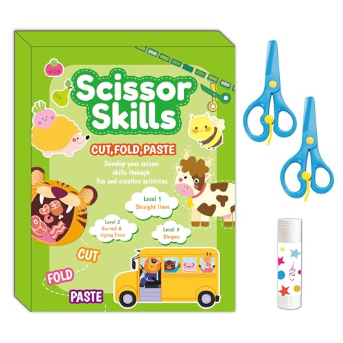 25 Safety Scissor Skills for kids, Includes Toddler Activity Book and Safety Scissor, Practicing Fine Motor Skills (Animal)