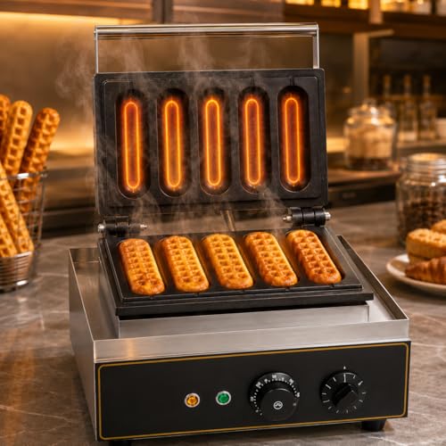 Image of 5 Stick Waffle Maker Machine, Commercial Electric Waffle Stick Maker, Professional Belgian Waffle Machine for Cafe Bakery