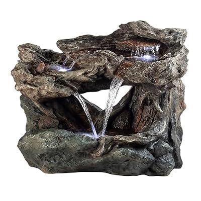 Alpine Corporation WIN924 Outdoor Floor 3-Tiered Rock Waterfall Fountain w/ LED Lights & Natural Stone Look, 30", Gray