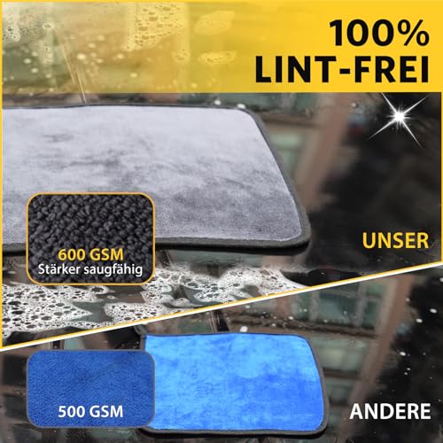 KEYAYE Autopflege Set mit 3 Stück Mikrofasertücher Auto & 2er Mikrofaser Waschhandschuh, 600 GSM Auto Trockentuch zum Kratzfreien Trocknen & Polieren, Extra Saugstark und Schonend Weich, 40x30cm