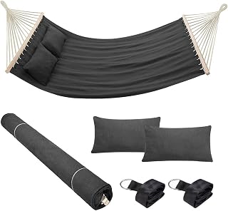 Bakaji Item Name: Bakaji Doppel-Hängematte, 2-Sitzer, 232 x 148 cm, Querstangen aus Holz, Bezug aus Poly-Baumwolle, mit 2 Kissen und Gurten, modernes Design, für Garten, Terrasse, Camping (Anthrazit)