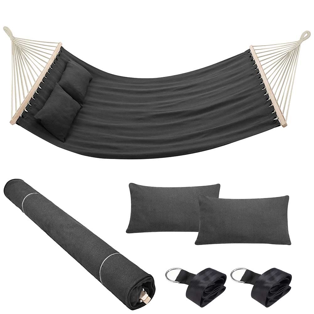 Bakaji Amaca da Giardino Doppia 2 Posti 232 x 148 cm Barre Trasversali in Legno Rivestimento in Poli Cotone con 2 Cuscini e Cinghie Design Moderno Antracite